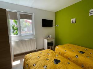Un dormitorio con dos camas y paredes verdes. en Casa Shiro, en Sinaia