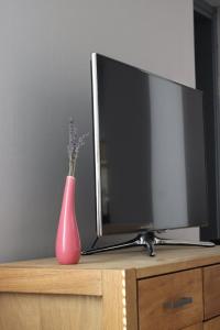 a tv sitting on a dresser with a vase at "Grey Apartment" Subotica in Subotica