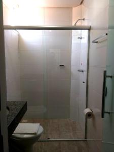 uma casa de banho com uma cabina de duche em vidro e um WC. em Hotel Petaluma Piumhi em Piuí