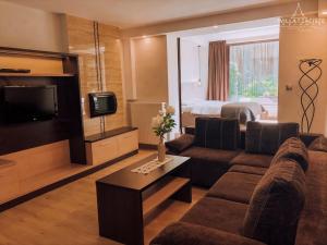 a living room with a couch and a tv and a bed at Willa Zacisze - Ostrowo - Komfortowe Apartamenty i Pokoje w cichej okolicy - Oaza spokoju in Ostrowo