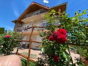 una casa con rosas rojas delante de ella en Barki Apartman, en Bük