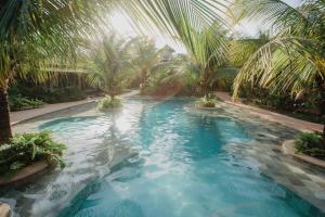 a swimming pool with palm trees and blue water at Paua Hotel Boutique in Pipa