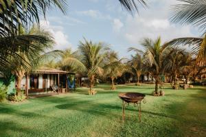 a table in the middle of a yard with palm trees at Paua Hotel Boutique in Pipa
