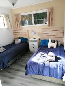 a bedroom with two beds and a window at Cozy guesthouse at the Rabbithole, Akatarawa Valley in Upper Hutt