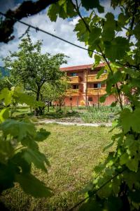 a building in the background with a field and trees at Apartments Masera in Kobarid