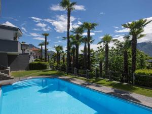 a large blue swimming pool with palm trees at Hotel Stella SA in Locarno