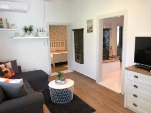 a living room with a couch and a tv at Cseri Porta Kisház in Szatta