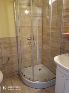 a shower with a glass door in a bathroom at Staszkowa Zagroda nad Rospudą in Jabłońskie +35 photos