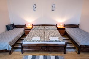 a bedroom with two twin beds and two lamps at Megálló Wellness Panzió in Pálháza