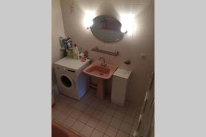 ein Badezimmer mit Waschbecken und Waschmaschine in der Unterkunft Appartement spacieux 78m2 plein centre, balcon, jusqu’à 6 personnes in La Bourboule