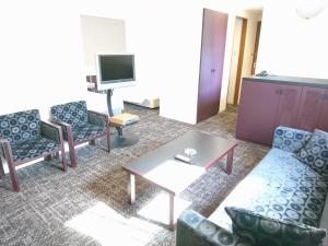 札幌市にあるホテルブーゲンビリア札幌のリビングルーム(椅子、テーブル、テレビ付)