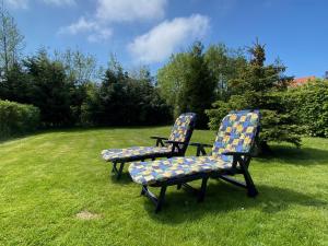 奧斯特巴特內哈根的住宿－Fewo Kliff 46, EG，两把椅子坐在院子里的草地上