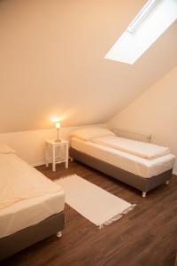 a bedroom with two beds and a skylight at Das Einser 
