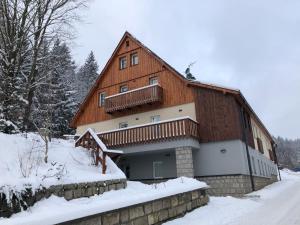 a large wooden building with snow on the ground at Apartmán Janina in Janov nad Nisou