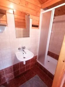 a bathroom with a sink and a shower at Nad Jeziorem Domki i Pokoje 781-281-434 in Polańczyk +52 photos