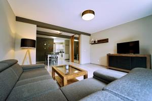- un salon avec un canapé et une télévision dans l'établissement Apartamenty EverySky - Boczna, à Karpacz