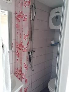 Un baño con cortina de ducha y un inodoro. en Soba Sanja, en Pula