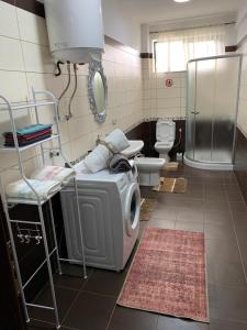 a bathroom with a washing machine and a toilet at Dream House Korça in Korçë