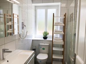 a bathroom with a toilet and a sink and a window at Appartement Le Solea 100m2 climatisé parking proche Sanctuaires in Lourdes