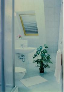 uma casa de banho com um WC e um lavatório em Hotelpension Schwalbennest em Benz