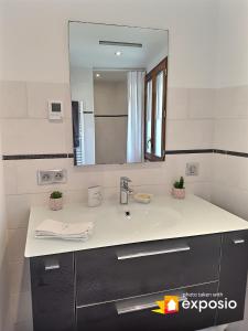 谷雪維爾的住宿－Charmant appartement de 50m2 pour 2 personnes - terrasse et balcon，一间带水槽和镜子的浴室