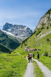 a group of people walking down a path on a mountain at Hotel Central in Engelberg