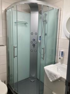 a glass shower in a bathroom with a sink at Hotel-Fritz in Valwig