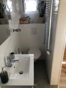 ein Badezimmer mit einem weißen Waschbecken und einem WC in der Unterkunft Lazarus Hotel & Restaurant in Lüdenscheid
