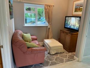 a living room with a brown leather chair and a television at Milkwood Cottage in Corwen