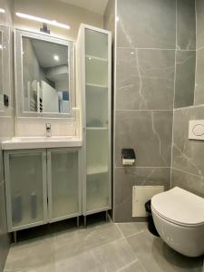 a bathroom with a toilet and a sink and a mirror at Appartement République in Paris