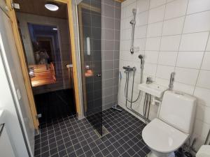 Un baño con ducha, inodoro y lavabo. en Näköalahuoneisto 413, en Syöte 8 fotos más