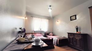 a bedroom with a bed and a table in it at AGROTURYSTYKA U MADZI in Korbielów