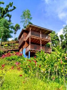 uma casa de madeira com uma varanda num campo de flores em Roots Jungle Retreat em Marigot