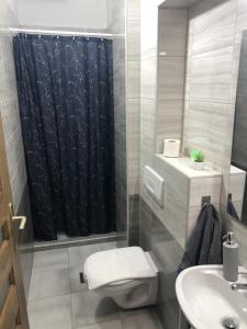 a bathroom with a toilet and a shower curtain at Bettina Vendégház in Kiskőrös +40 photos