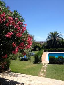 un jardín con piscina y flores rosas en Hotel La Peña en Tarifa