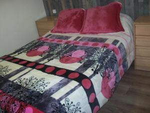 Una cama con una colcha colorida y almohadas rosas. en AGARRE URDAIBAI, en Mundaka