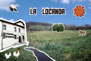 a picture of a farm with chickens and a house at La Locanda del Convento in Rocca Sinibalda