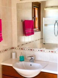 ein Badezimmer mit Waschbecken, Spiegel und roten Handtüchern in der Unterkunft Koutsini Villa in Pano Akourdalia