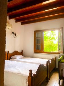 1 dormitorio con cama y ventana en Koutsini Villa, en Pano Akourdalia