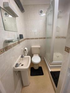 een badkamer met een toilet, een wastafel en een douche bij Penhale Holiday Flats in Eastbourne