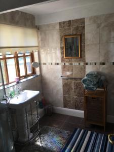 a bathroom with a sink and a shower at Taliesin at The Poplars, Nr Saundersfoot in Pembrokeshire