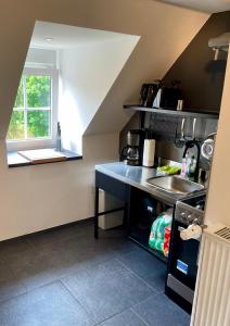 a small kitchen with a counter and a sink at Markkleeberg Ferienwohnung in Markkleeberg