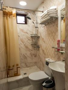 y baño con aseo, ducha y lavamanos. en Hotel Olymp Pervaya Liniya en Adler