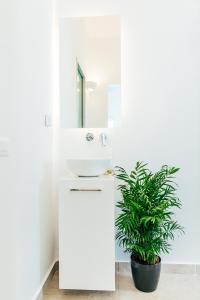 a white bathroom with a sink and a plant at Floresita apartment in Fira