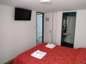 1 dormitorio con 1 cama roja y 2 toallas en Ns Hotel en Termas de Río Hondo