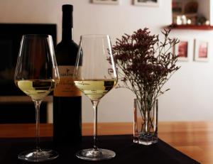 dos copas de vino blanco junto a una botella de vino en Apartment Roby, en Vrsar