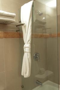 a bathroom with a glass shower with towels on a rack at Gran Real Yucatan in Mérida