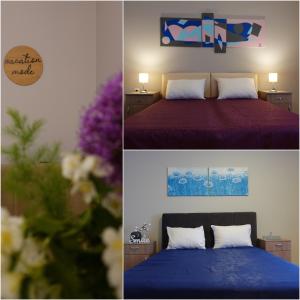 two pictures of a bedroom with a bed and flowers at Apartments Tatjana in Jagodina