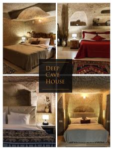 a collage of pictures of a bed and a deep cave house at Deep Cave House in Urgup