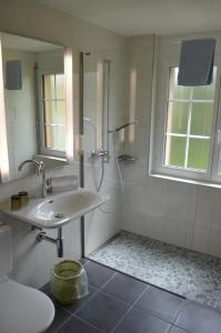 uma casa de banho branca com um chuveiro e um lavatório. em Hirschen Eggiwil em Eggiwil